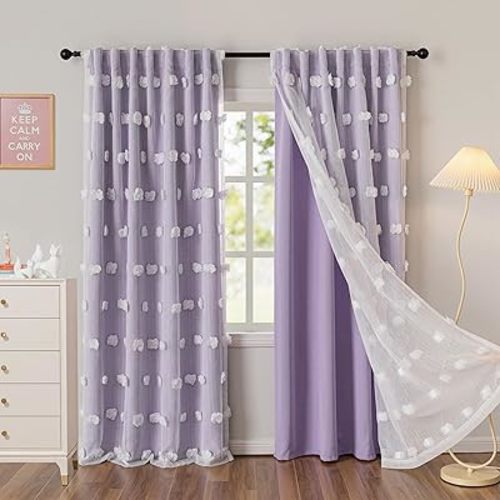 MYSKY HOME Lilac Curtains for Girls Bedroom Nursery Curtain with White Pom Pom Sheer Living Room Window Drapes Back Tab Room Darkening Double Layer 84 Inches Length 2 Panels, Light Purple, W52 X L84