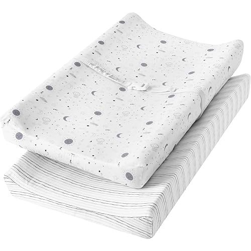TILLYOU Changing Pad Cover Set in Soft Jersey Material - Fits 32"/34''x16 Contoured Pad for Babies, Little Sun & Gray Lines
