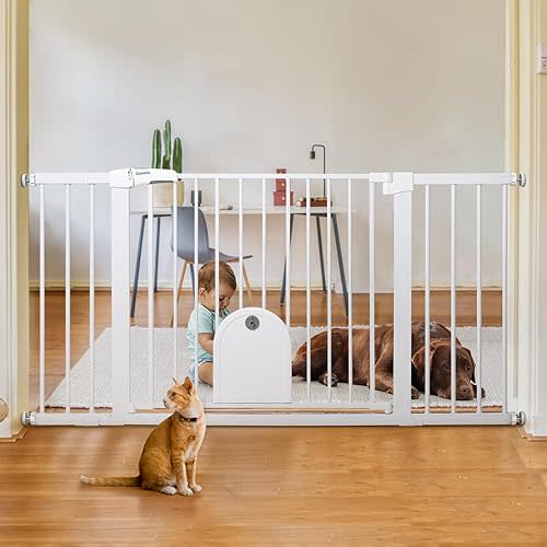 Babelio 36-57" Extra Wide Auto Close Baby Gate with Cat Door, Pet Gate Indoor with Extra Wide Walk Thru Door, Metal Dog Gate for Doorway, Stairs, Includes 4 Wall Cups and 3 Extension Pieces, White