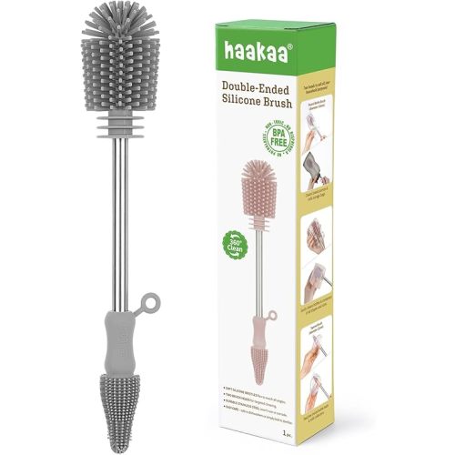 Haakaa Silicone Cleaning Brush - Baby Bottle Brush Cleaner for Breast Pump,Nipple,Breast Milk Storage Bag - Food Grade Silicone - 1 Count - Grey