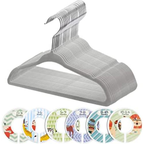 Minnebaby Velvet Baby Hangers, Pack of 30 with 6 Pcs Clothing Dividers, Grey