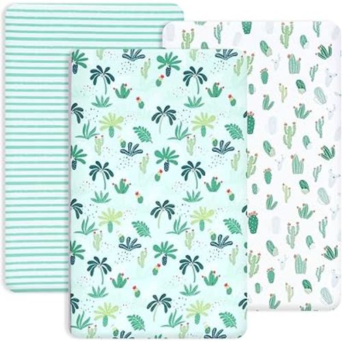 PHF 3 Pack Soft Mini Crib Sheets, Leaf Silky Pack N Play Sheets for Baby Boys Girls, Universal Fit for Pack N Play, Playard, Portable and Mini Crib Mattresses, Leaf