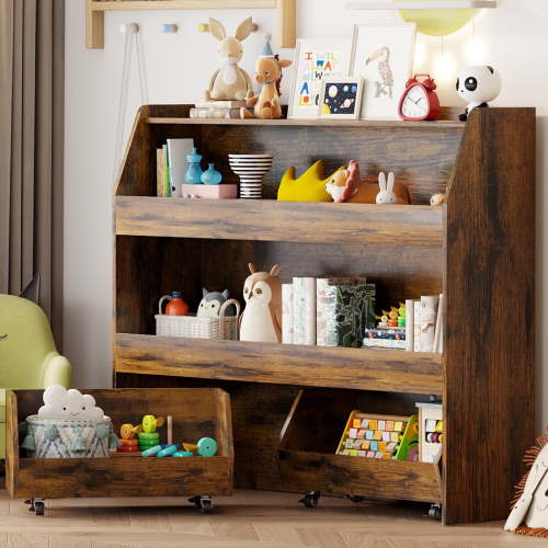 COZYPAWS 3-Tier Kids Toy Organizer, Rolling Storage with 2 Removable Plastic Bins, Brown