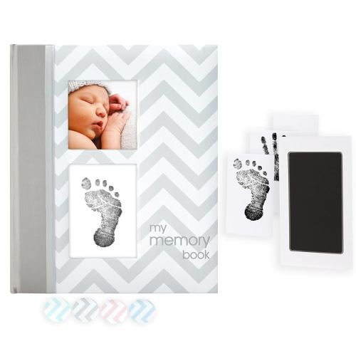 Pearhead First 5 Years Chevron Baby Memory Book, Clean-Touch Safe Ink Pad for Baby’s Handprint or Footprint, Gender Neutral Milestone And Pregnancy Gray