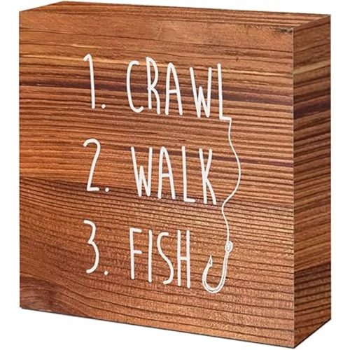 Brown Country Crawl Walk Fish Rustic Wooden Sign - Funny Baby Fishing Wooden Block Sign Decor for Home Bedroom Baby Room or Desk Shelf Table Decor
