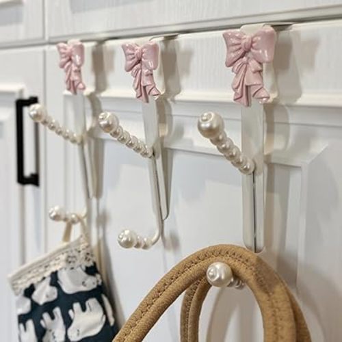 3 Packs Pink Bow Knot Over The Door Hooks,Metal Dual Hook Hanger for Coats, Jackets, Hats, Robes, Towels, Ideal for Bathroom, Bedroom, Mudroom (3PCS)