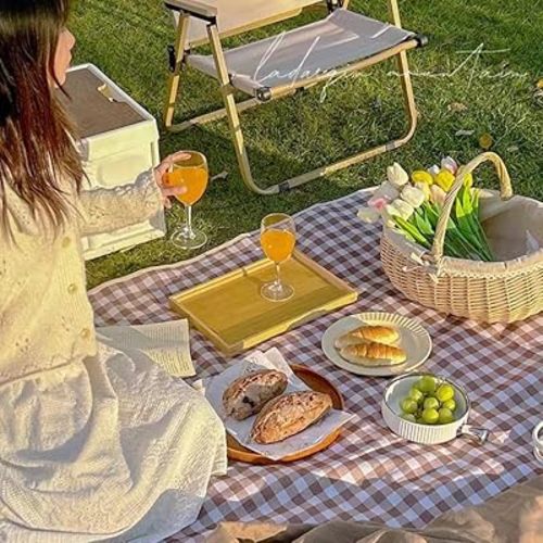 K Y KANGYUN 80x80 in Extra Large Picnic Blanket Outdoor Beach Blankets, Water-Resistant Foldable Sandproof Blankets Cute Picnic Mat for Beach, Camping Grass Lawn Park Mats (Tan Gingham)