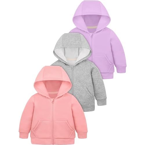 Cooraby 3 Pieces Baby and Toddler Girls Fleece Full-Zip Hoodies Lightweight Jacket with Pockets Winter Coat for Baby Girls