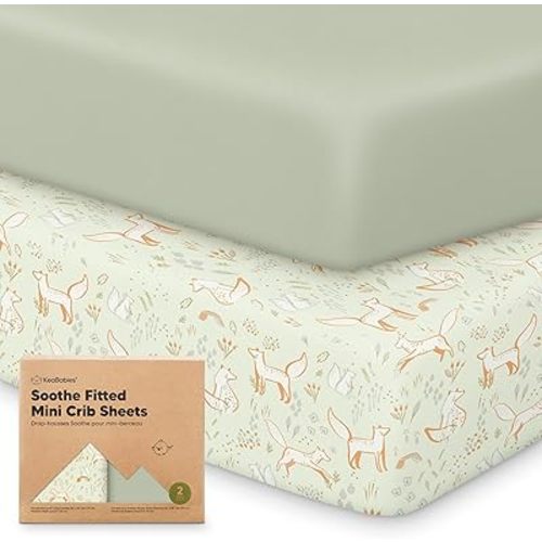 2-Pack Mini Crib Sheets Fitted - 38x26 Pack N Play Sheets for Pack and Play Mattress, Organic Cotton, Soft & Breathable Playard Bedding, Neutral Mini Toddler Bed Cover for Boys, Girls (Foxtrot)