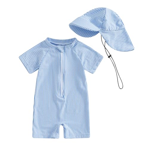 Nibbcoa Toddler Baby Boys Seersucker Short Sleeve One Piece Rash Guard Swimsuit Zipper Bathing Suit Swimwear with Hat