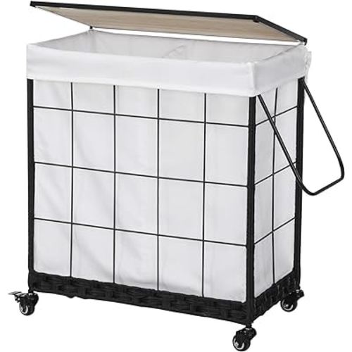 Durable Laundry Hamper with Removable Liner Bag, Heavy Duty Wheels, Wood Lid and Metal Handle - Clothes Sorter and Laundry Basket in White