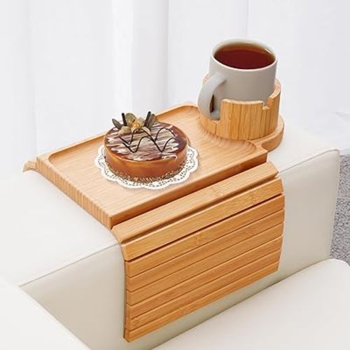 Couch Cup Holder Tray, 3 in 1 Couch Arm Table,Large Bamboo Sofa Arm Rest Tray with 360° Cup Holder,Removable Anti-Slip Organizer for Snack Drink Eating