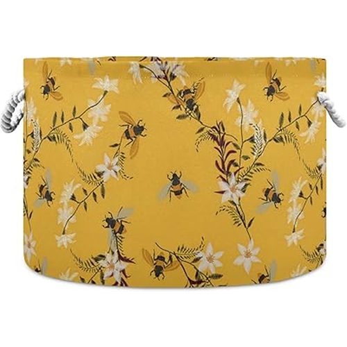 visesunny Stylish Embroidery Bee Butterfly Pattern Laundry Baskets Fabric Storage Bin Storage Box Collapsible Storage Basket Toy Clothes Shelves Basket for Bathroom,Bedroom,Nursery,Closet,Office