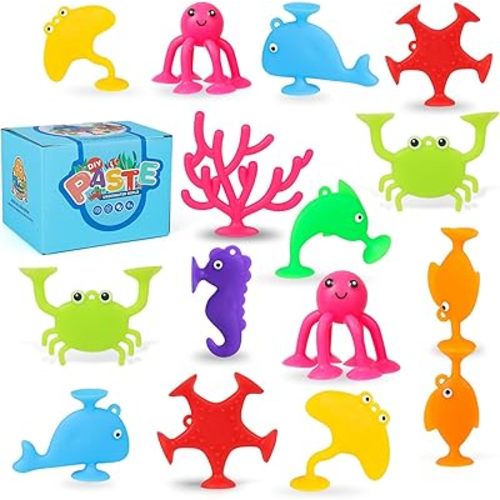 Baby Suction Cup Toys, 18 PCS Silicone Ocean Animals Suckers, Bath Toys for Kids Ages 4-8, Sensory Window Travel Easter Stuffers Toys for Toddlers Boys Girls 3 4 5 6 Year Old