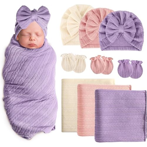 AQOKKA Newborn Receiving Blanket with Bow Hat Mittens Set Wheat-Pattern Newborns Toddler Baby Boy Girl Nursery Swaddle Wrap