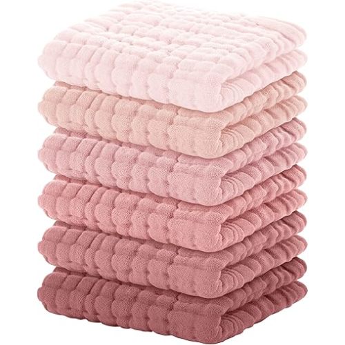 Yoofoss Muslin Baby Washcloths 100% Cotton Face Towels 6 Pack Wash Cloths for Baby 12x12in Soft and Absorbent Baby Wipes (Gradient Pink)