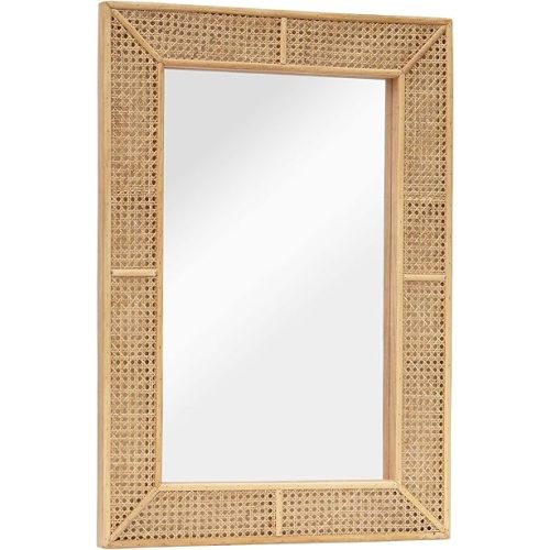 PARISLOFT Wooden and Rattan Mirrors, Boho Rectangle Wall Mirror for Living Room, Bedroom, 37.8''
