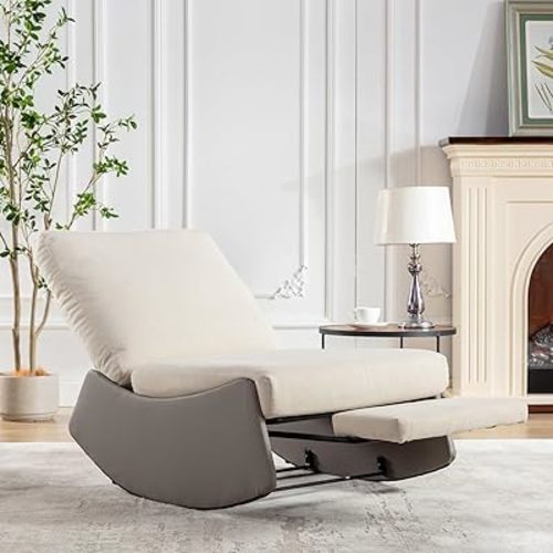 Modern Rocking Chair Recliner, Nursery Chair with Footrest, Accent Reading Chair, Upholstered Lounge Chair, Soft Padded Rocker for Living Room, Adjustable Backrest, Large Cushion, Gray+Beige