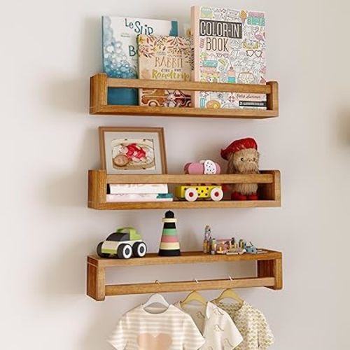Nursery Floating Shelves, Nursery Book Shelves for Wall, 16 inch Wall Bookshelf for Kids Solid Wood Wall Mounted Shelves for Books,Toys and Decor Storage, Set of 3