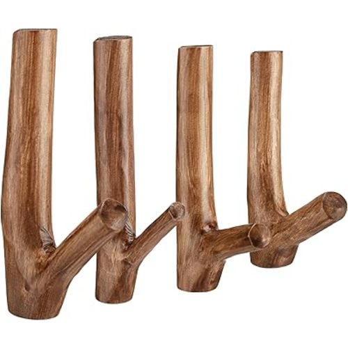 Jetec 4 Pieces Wood Wall Hooks Vintage Real Natural Tree Branch Wall Hooks Set Rustic Decorative Wood Adhesive Strong Suction Crooks for Coat Key Holder (Walnut)