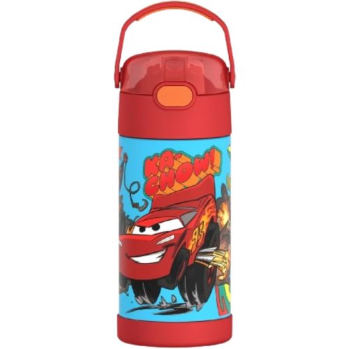 THERMOS FUNTAINER Water Bottle with Straw - 12 Ounce - Kids Stainless Steel Vacuum Insulated Water Bottle with Lid, Cars