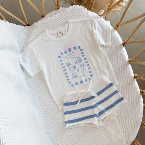 Blossom and Pear | Kids 'Favourite Days' Tee and Knit Shorts Bundle- White & Blue, 6-12m