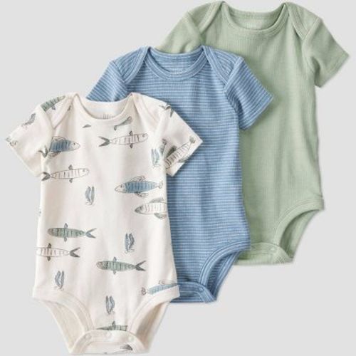 Little Planet by Carter's Organic Baby 3pk Bodysuit - 12M: Short Sleeve, Crew Neck, Stripe & Fish Patterns, Tagless Design