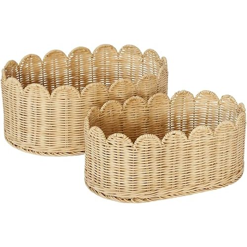 Scalloped Basket Set Of 2 - Hand Woven Scallop Basket - 16 x 10 x 7 In - Scalloped Wicker Basket - Scalloped Edge Basket - Scalloped Storage Basket (Natural)