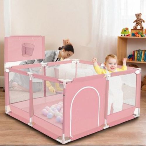 GOTGELIF 50"x50" 4-Panel Baby Playpen Portable Playard with Basketball Hoop Pink