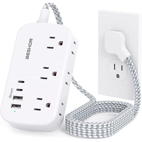 Flat Extension Cord, BESHON 5FT Flat Plug Power Strip with USB C, 6 Outlets 4 USB Port(2 USB C), No Surge Protector, Cruise Ship, Dorm Room Travel Essentials