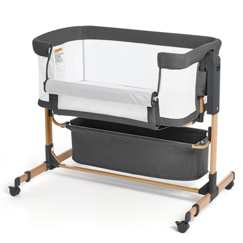 Baby Bassinet,Bedside Bassinet for Baby,3 in 1 Rocking Bassinet with Wheels and Mattress,Bassinet Bedside Sleeper 4-Sided Mesh,6 Height Adjustable Bedside Crib for Newborn (Dark Grey)