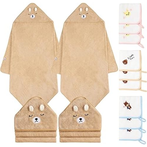 Baby Bath Towel with Hooded,2 Pack Coral Fleece and 9 Baby Washcloths,Soft and Absorbent Baby Towels Large 35.5x35.5 Inch Shower Towel Set Gift for Babies, Infant, Newborn Essential(Brown Bear 2Pack)