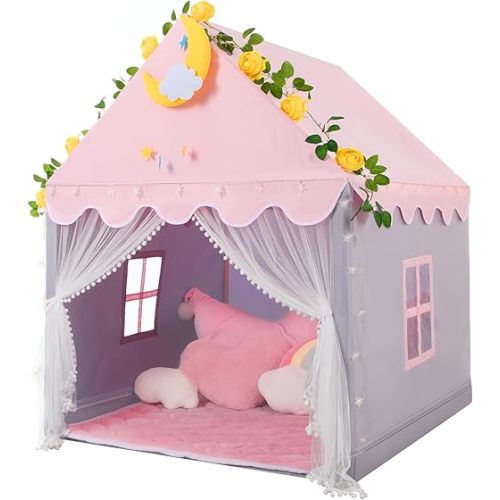 Wilwolfer Kid Tent with Mat, Star Lights - Kids Play Tents for Toddlers Kids Tents Indoor Playhouse - Princess Tent for Girls Toy House Gift (Gray with Mesh)