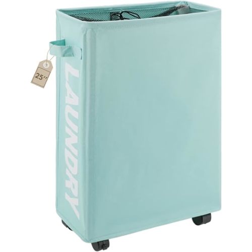 TOTANKI 25" Rolling Slim Laundry Basket on Wheels, Foldable Laundry Hamper with Handle, Collapsible Laundry Sorter and Organizer, Tall Storage Basket Bin (Light Blue)