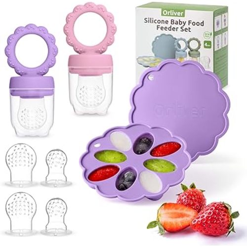 Silicone Baby Fruit Food Feeder Breastmilk Popsicle Molds Set, Baby Food Freezer Tray for Cooling Teething Relief, Baby Food Feeder for Safe Infant Self Feeding, Includes 6 Extra Food Pacifier