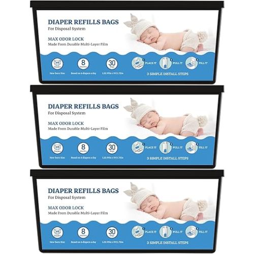 Diaper Refill Bags Compatible with Genie Easy Roll & Platinum Diaper Pails, 7-Layer Odor Control, Extra Thick, Holds up to 4200 Newborn Diapers,90 Bags