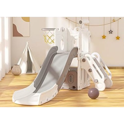 Toddler Slide, 5 in 1 Kids Slide for Toddlers 1-3, Baby Slide for Indoor Outdoor with Basketball Hoop and Telescope, L Shaped Slide for Kids Toddler Slide Playset (White&Gray)