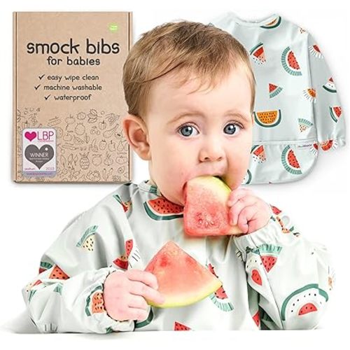 Waterproof Smock Baby Bibs for Eating (Boy or Girl 6-24 Months) - Toddler Long Sleeve Bib for Baby Led Weaning