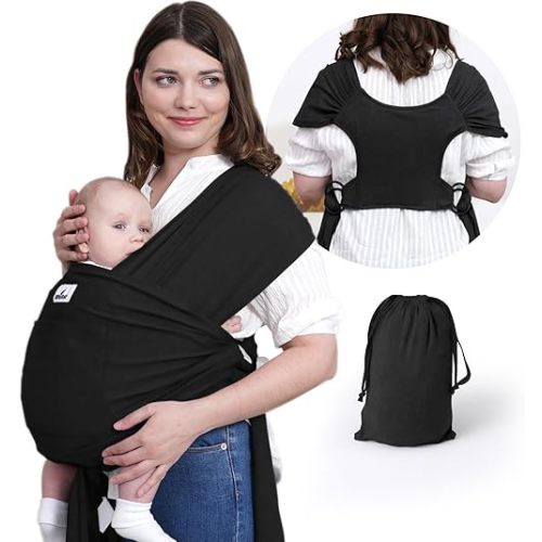 Baby Wrap Carrier Sling: Baby Wearing Wraps Newborn to Toddlers Infants Stretchy Easy to Wear Hands Free Plus Size, Black