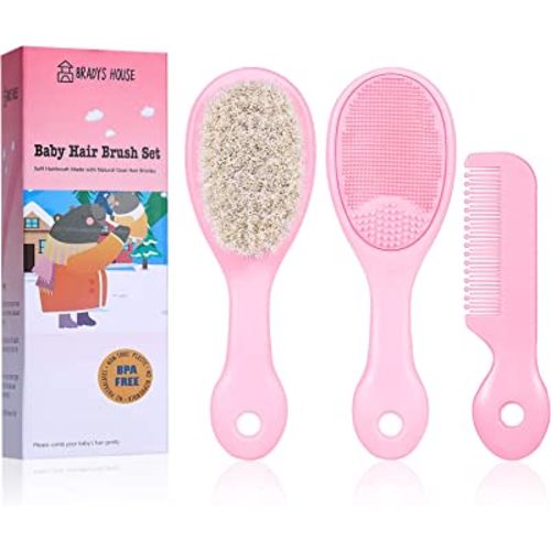 3 Piece Baby Hair Brush and Comb Set for Newborns and Toddlers (Pink)
