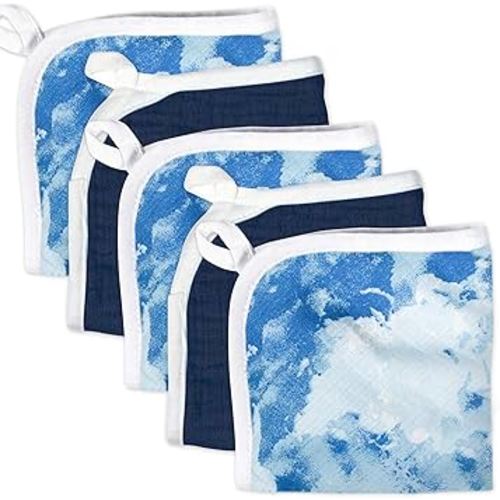 HonestBaby Organic Cotton Washcloth Multi-Pack, 5-Pack Watercolor World/Navy, One Size
