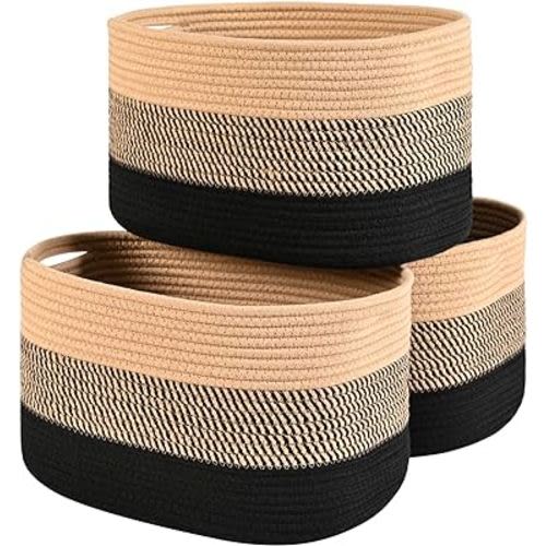 HOMHOLDON Cotton Rope Storage Baskets for Organizing 3Pack 15"x10"x9" Woven Baskets for Storage,Shelf Baskets Cube Storage Bins Towel Baskets,Toys Baskets Nursery Basket Laundry Baskets(Black/Brown)