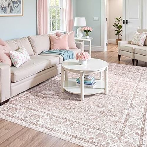 Large Pink 6x9 Rugs for Living Room, Vintage Rug Boho Washable Area Rug with Non-Slip Backing, Deerly Indoor Carpet for Bedroom Girl Room