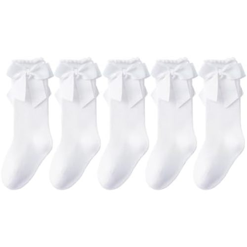 Baby Knee High Socks - Toddler Long Cotton Tube Stockings With Bow Ruffles for Girls - Infant Dress Socks