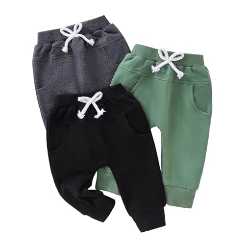 Yvowming Baby and Toddler Boys Cotton Jogger Sweatpants Pants Pull on Cotton Pants with Pockets Multipacks Long Pants