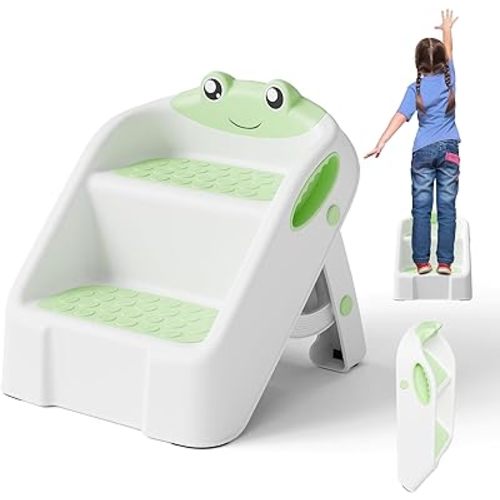 Toddler Step Stool, Easy to Fold Step Stool for Toddlers with Non-Slip Surface & Alphabet Patterns, Lightweight & Cute Kids Step Stool for Potty Training, Bathroom Sink, and Bedroom, Green