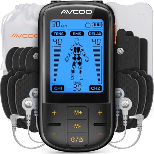 AVCOO 3-in-1 TENS Unit Muscle Stimulator with 30 Modes for Pain Relief | 40 Intensities TENS Machine for Drug-Free & Gradual Back Pain Relief Therapy, EMS Unit Massager with 12 TENS Electrode Pads