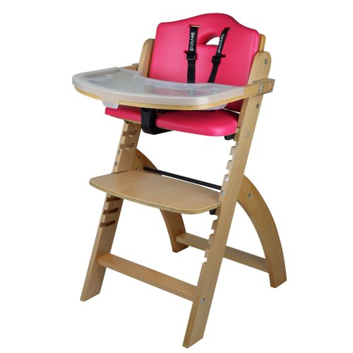 Abiie Beyond Wooden High Chair with Tray. The Perfect Adjustable Baby Highchair Solution for Your Babies and Toddlers or as a Dining Chair. (6 Months up to 250 Lb) (Natural Wood - Red Cushion)
