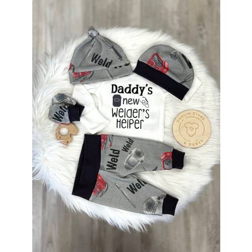 Boys Welder Daddy Newborn Coming Home Outfit, Daddy's New Welder Helper