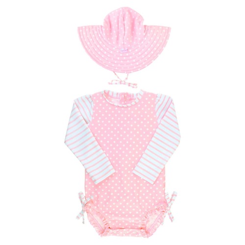 Pink Polka Dot One-Piece Rashguard Swimsuit & Hat Set, 0-3M